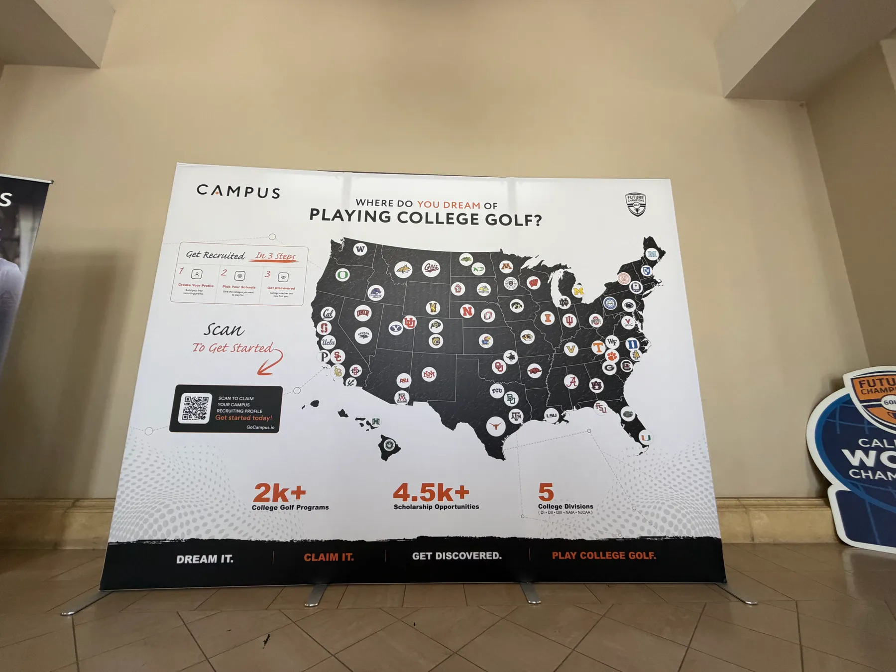 Campus event backdrop reading 'Where do you dream of playing college golf?', printed for the San Diego event