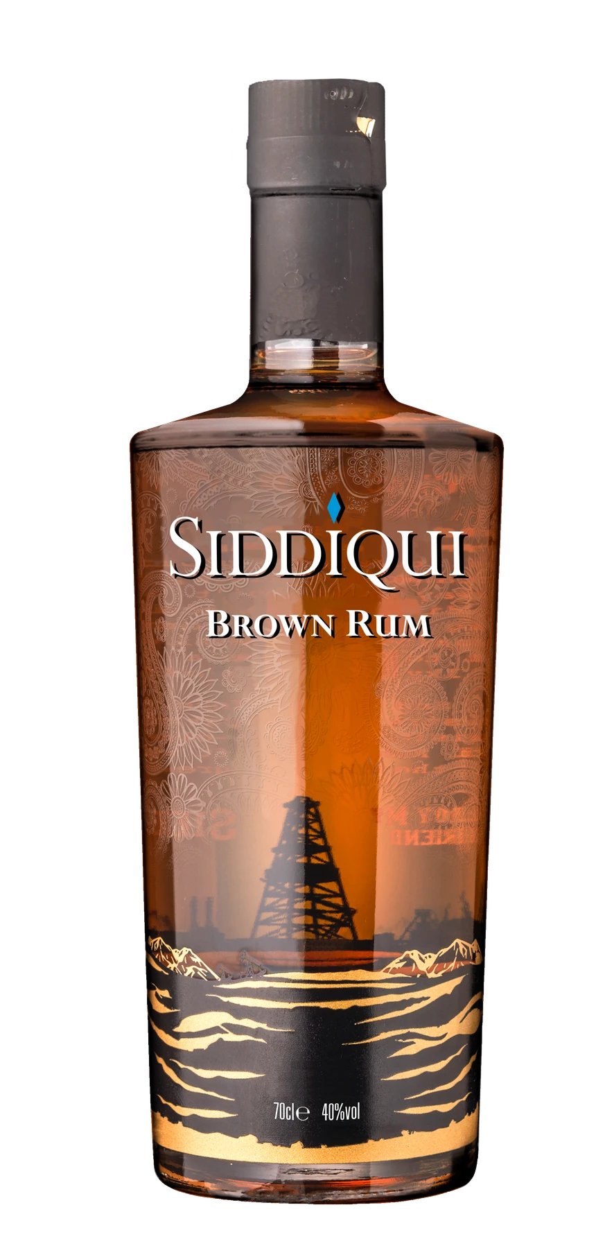 Siddiqui Brown Rum bottle: paisley engraving over an industrial skyline, mountains and gold waves