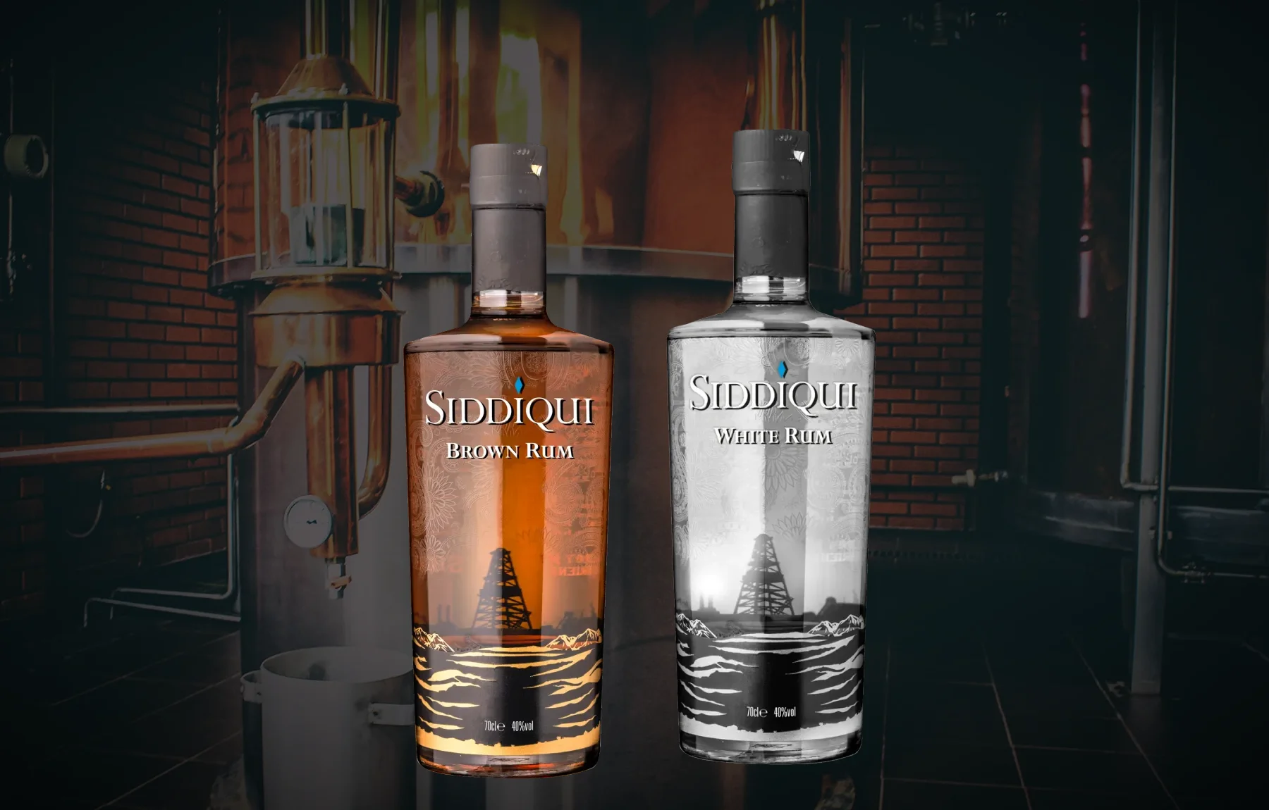 Siddiqui Brown Rum and White Rum bottles, a brand Patrick built from scratch, now sold internationally